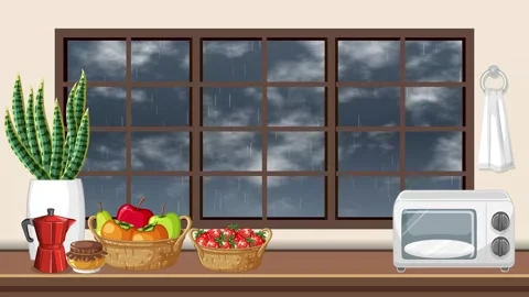 Animated Kitchen Counter Scene with Rain Falling Outside Window Stock Footage 344833273