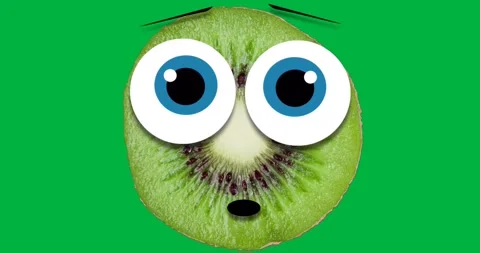 Animated kiwi slice showing surprised face on transparent backdrop, with cartoon Stock Footage 317595530