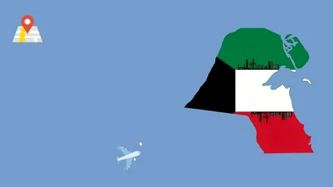 Animated Kuwait Map with Flag Colors Travel Icons and Airplane. Stockbeeldmateriaal 332552091