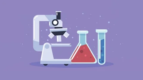 Animated laboratory equipment with microscope and glass flasks on purple ba.. Stock Footage 334090749