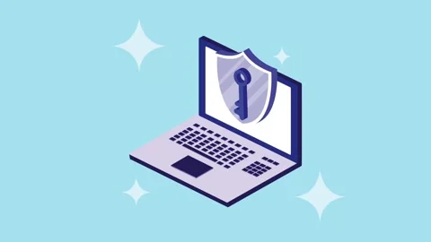 Animated laptop computer with secure digital shield and key icon showing da.. Stock Footage 339266337