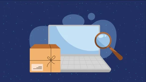 Animated laptop with delivery package and magnifying glass for online shopp.. Stock Footage 339062208