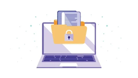 Animated laptop displaying secure folder with files and padlock for data pr.. Vídeo Stock 333606942