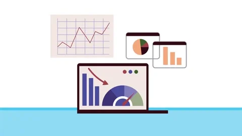 Animated laptop screen showing various business data analytics charts and f.. Stockbeeldmateriaal 339067718