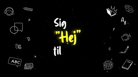 Animated learning poster "Say Hello to Danish" in Danish with doodles on black Stock Footage 280677039