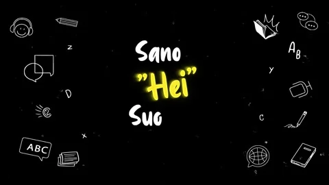 Animated learning poster "Say Hello to Finnish" in Finnish with doodles on black Stock Footage 280677043