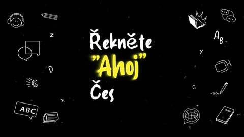 Animated learning poster "Say Hello to Czech" in Czech with doodles on black Video stock 280677046