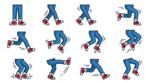 Animated Legs Walking, Running, and Jumping Sequence in Jeans and Sneakers Ilustração Stock