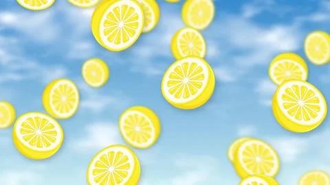 Animated Lemon Slices Falling Against a Bright Blue Sky Background Stock Footage 344835161