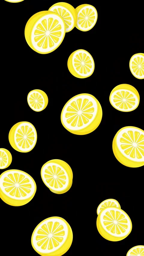 Animated Lemon Slices Falling Against a Solid Black Background Stock Footage 345041330