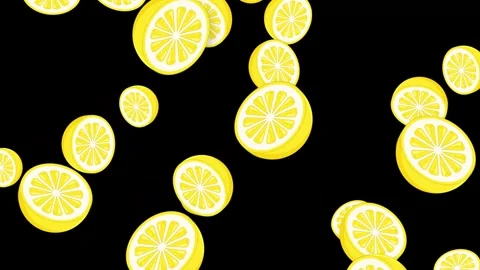 Animated Lemon Slices Falling Downwards Against a Solid Black Background Stock Footage 344843408