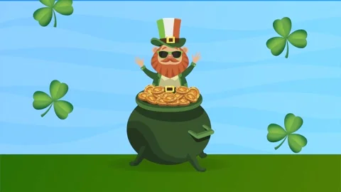 Animated leprechaun waving hands behind pot of gold with floating clover le.. Stock Footage 338318595