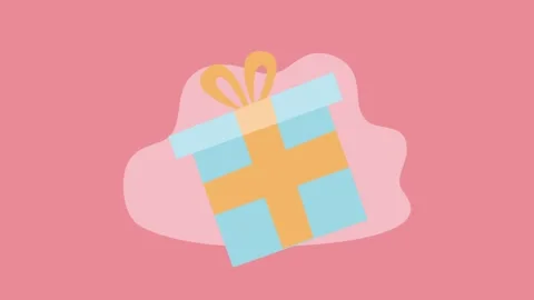 Animated light blue present box with yellow ribbon rotating on a pink backg.. Stock Footage 338419353