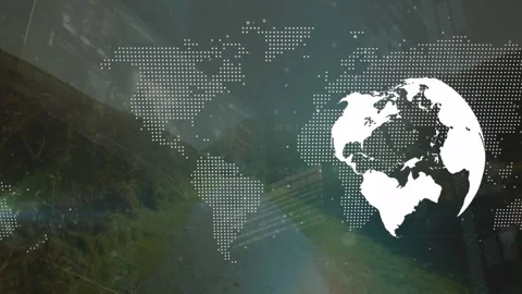 Animated lights and globe in video depict data processing and global reach. Video stock 330248180