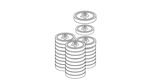 Animated line art showing three stacks of dollar coins with sparkle effects.. Video stock 340630424