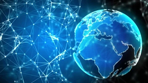 Animated lines and nodes plexus structure being pushed by blue Earth globe Stock Footage 80988312