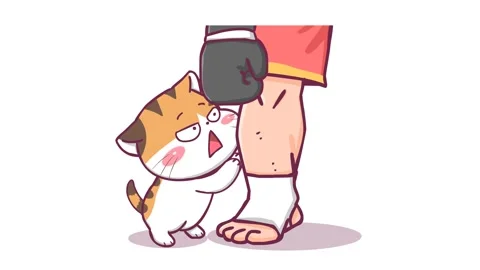 Animated Little Cat Asking for Help from a Boxer with White Background Stock Footage 282780636