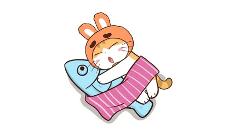 Animated Little Cat Hugging a Fish Pillow - White Background Stock Footage 282785016