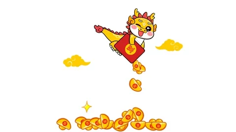 Animated Little Dragon Hovering and Pouring Gold Coins from a Red Envelope .. Stock Footage 282790943