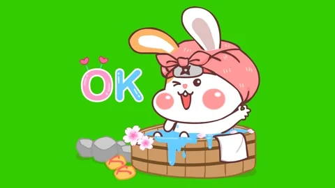 Animated Little Ninja Rabbit Bathing with 'OK' Message Green Screen Stock Footage 282777375