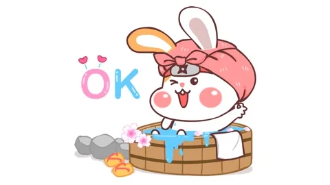 Animated Little Ninja Rabbit Bathing with 'OK' Message Stock Footage 282777389