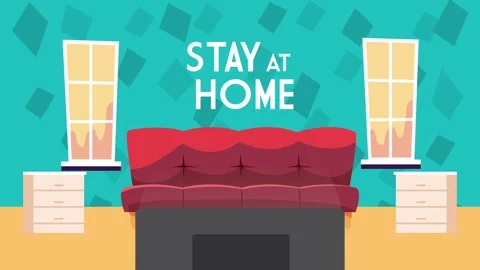 Animated living room interior with couch and windows appearing and text mes.. Stock Footage 338398074