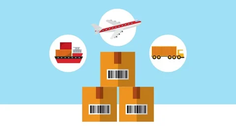 Animated logistic boxes with transport vehicles and barcode icons on blue b.. Stock Footage 333720943