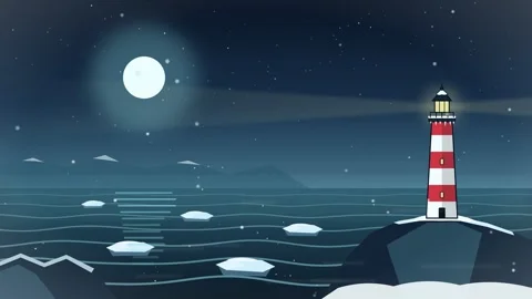 Animated loop night winter landscape with lighthouse, full moon and ice floes Stock Footage 347459006