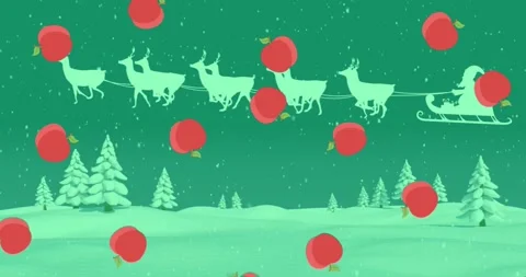 Animated loop of Santa in sleigh with falling apples. Stock Footage 328931842