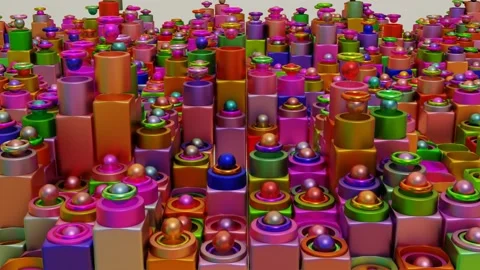 Animated looped background of multi-colored cubes and balls flying out of them.  Stock Footage 233061617