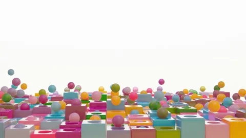 Animated looped background of multi-colored cubes and balls flying out of them.  Stock Footage 233062566