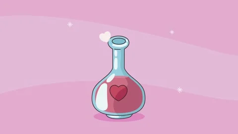 Animated love potion bottle with heart symbol and floating hearts on a pink.. Stock Footage 338401653