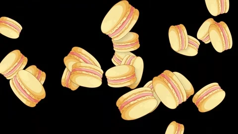 Animated Macarons Falling and Floating Against a Solid Black Background Stock Footage 346935778