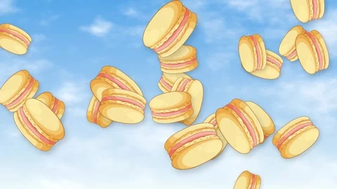 Animated Macarons Falling Through a Bright Blue Sky with Clouds Stock Footage 343819157
