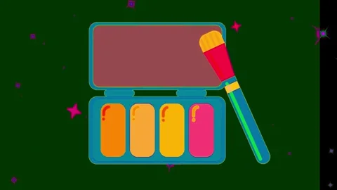 Animated makeup palette with cosmetic brush floating against dark green Stock Footage 346120501