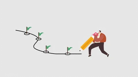 Animated man drawing a strategic path with flags, symbolizing journey, goals Stock Footage 344532846