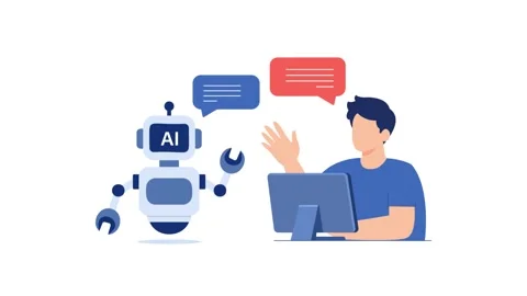 Animated Man Interacting with Artificial Intelligence Robot via Computer Stock Footage 347336106