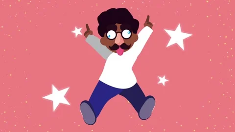 Animated man jumping with silly glasses and mustache on pink sparkling back.. Video stock 338398862