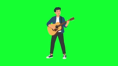 Animated man playing acoustic guitars happily. Concept of music, band, hobb.. Stock Footage 340300445