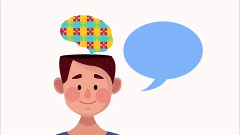 Animated man with puzzle brain thinking and speech bubble in cartoon style .. Stock Footage 333293150