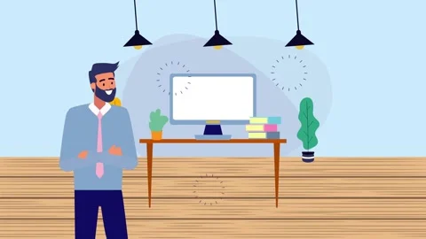 Animated man standing in office with desk and computer appearing dynamicall.. Stock Footage 339047071
