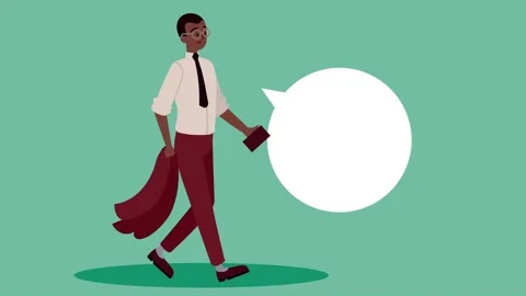 Animated man in suit walking with a coat and book, talking through speech b.. Vidéo 334266682