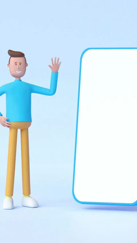 Animated man waving next to large blank screen smartphone 스톡 동영상 331928319