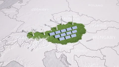 Animated map of Austria showing wind turbines and solar panels. Vídeos de archivo 336372379
