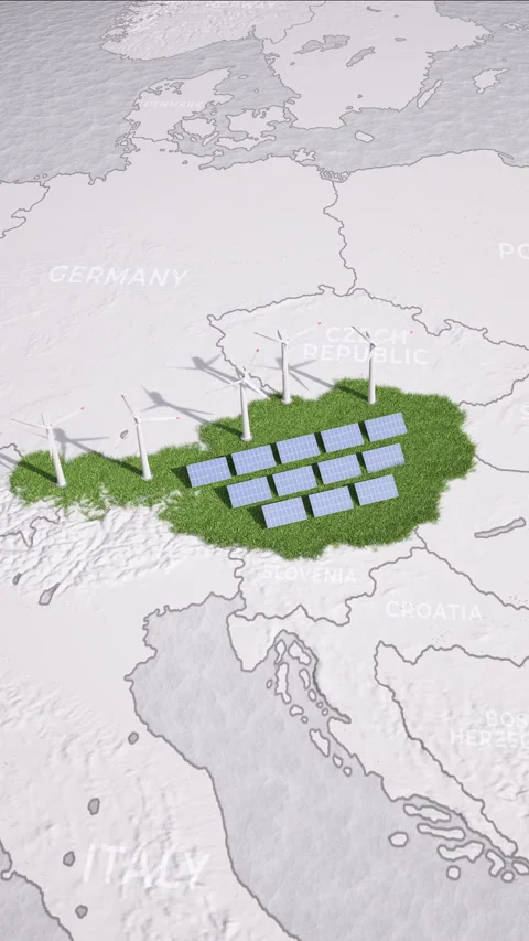 Animated map of the Austria with solar panels and windmills Vídeos de archivo 336376517