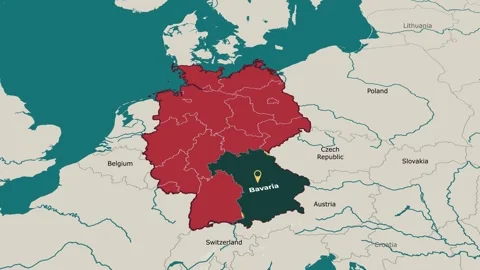 Animated map of Bavaria, Germany, highlighting the state Stock Footage 345573985