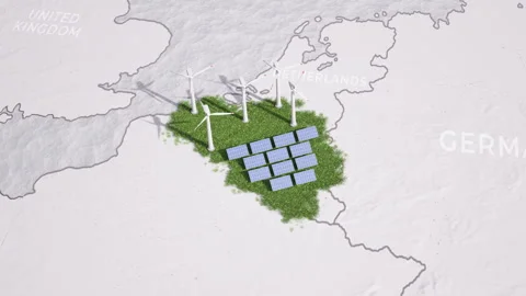 Animated map of Belgium showing wind turbines and solar panels. Vídeos de archivo 336380711