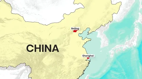 Animated Map of China with Pulsing Beijing and Shanghai Location Markers Stock Footage 334925029