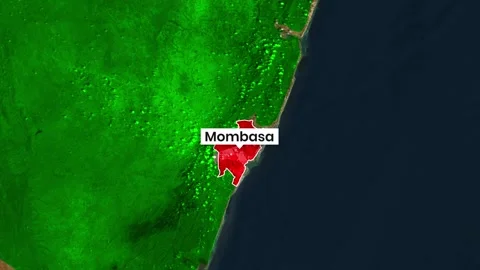 Animated map clip highlights Mombasa location within Kenya motion graphics 動画素材 343594189