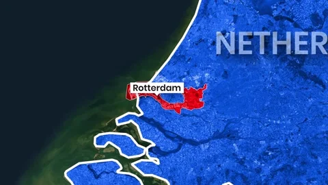 Animated map clip showing Rotterdam highlighted within the Netherlands Stock Footage 341785996